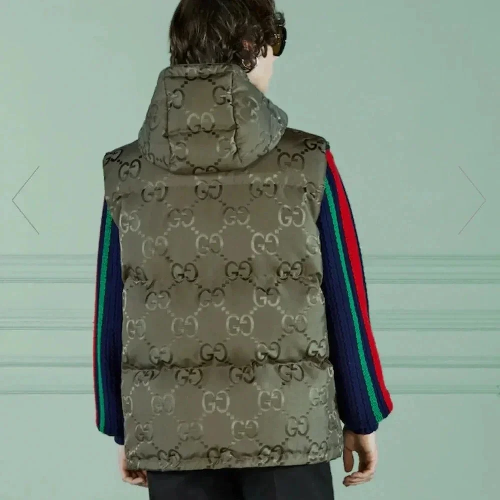 AUTHENTIC GUCCI JUMBO GG monogram CANVAS DOWN VEST green men’s hood puffer gilet